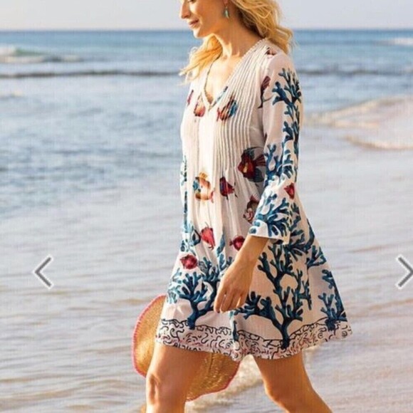 Soft Surroundings Seychelles Coral Tropical Fish Tunic beach cover up - Picture 1 of 15